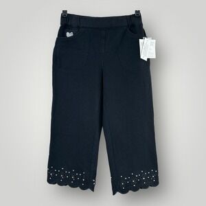 NEW DREAM JEANNES Quacker Factory Black Capris Sz XXS Pull On SCALLOPED CUT-OUTS